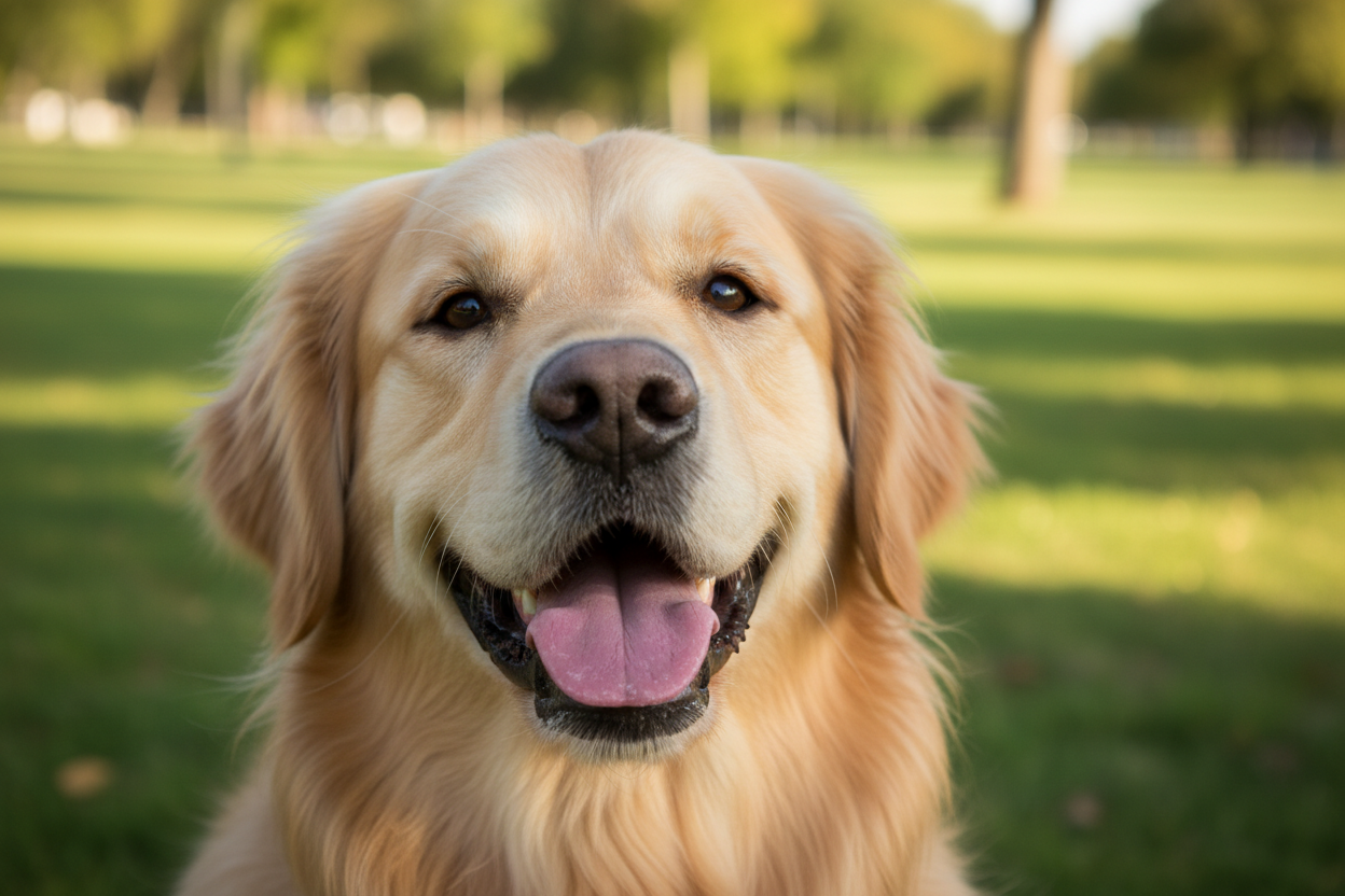 genera la imagen de un perro realista y sonriendo