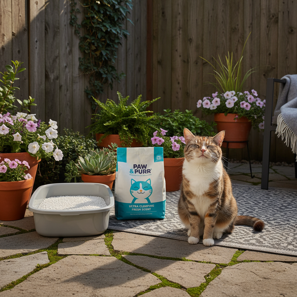 Coloca al un producto de arena para gato junto al gato 